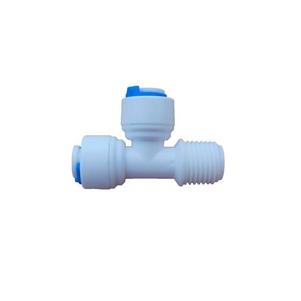 Conector T, 1/4" filet ext x 1/4" furtun (6 mm) x 1/4" furtun (6 mm), cuplare cu mufa rapida pentru furtun de 6 mm