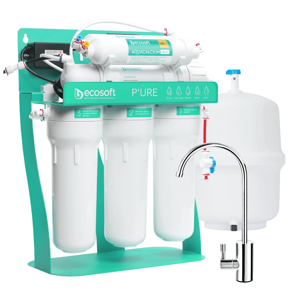 Osmoza inversa premium, Ecosoft Calcium PRO, pompa de presiune pe cadru metalic, 75 GPD, 6 stadii cu remineralizare cu calciu si postcarbune