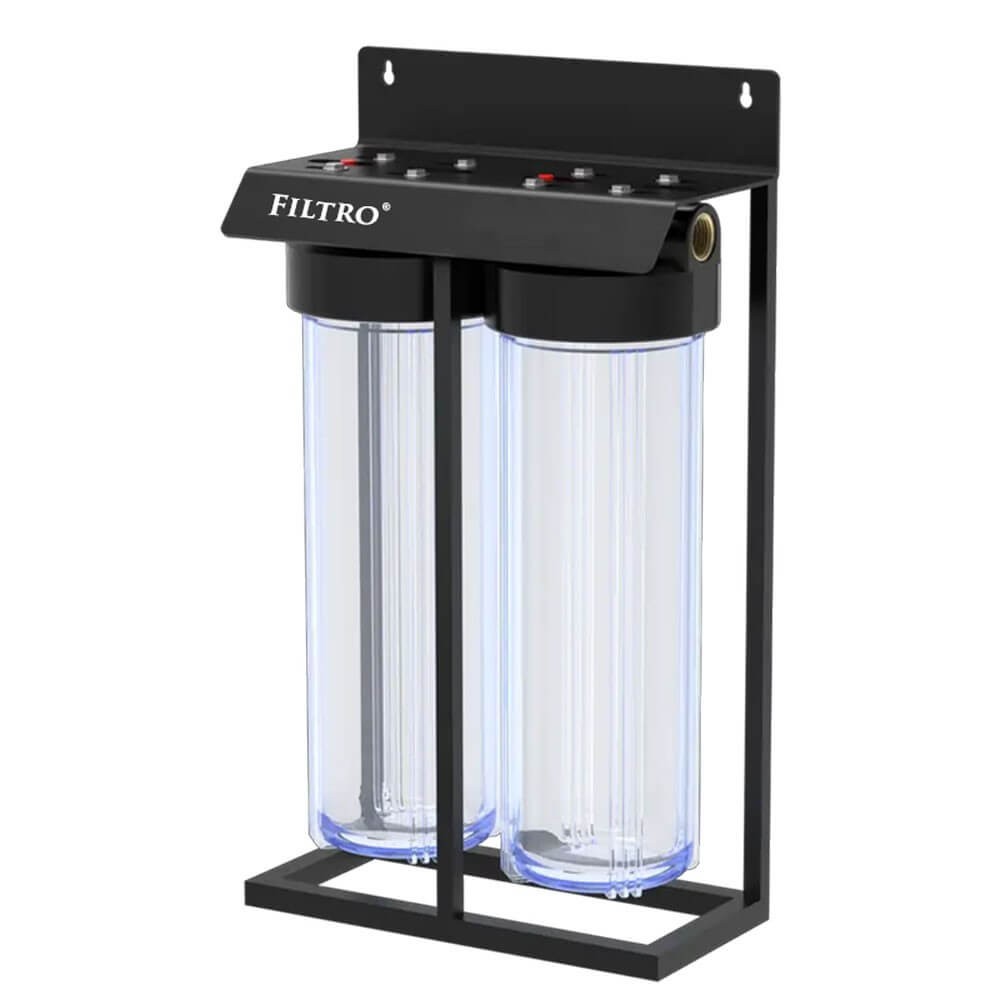 Set 2 carcase transparente, BIG CLEAR 20" TWIN, conexiune 1" din alama, cheie, supapa presiune si cadru metalic