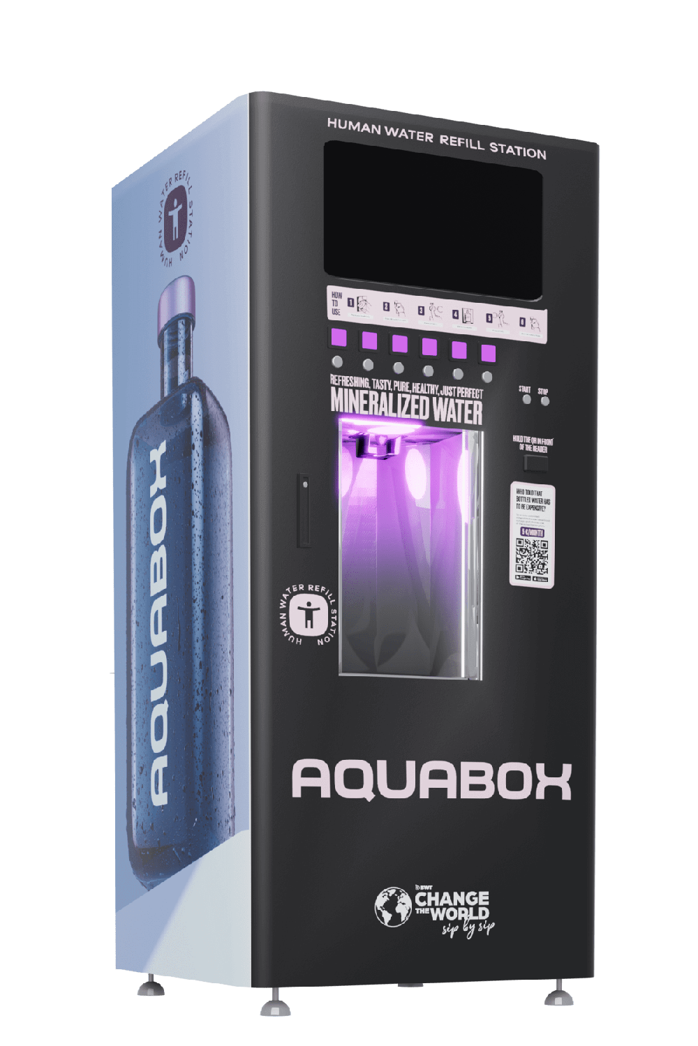 Automat de apa purificata, Aquabox AC, display afisare reclame, 250 l/h, 4 metode de plata si administrare de la distanta