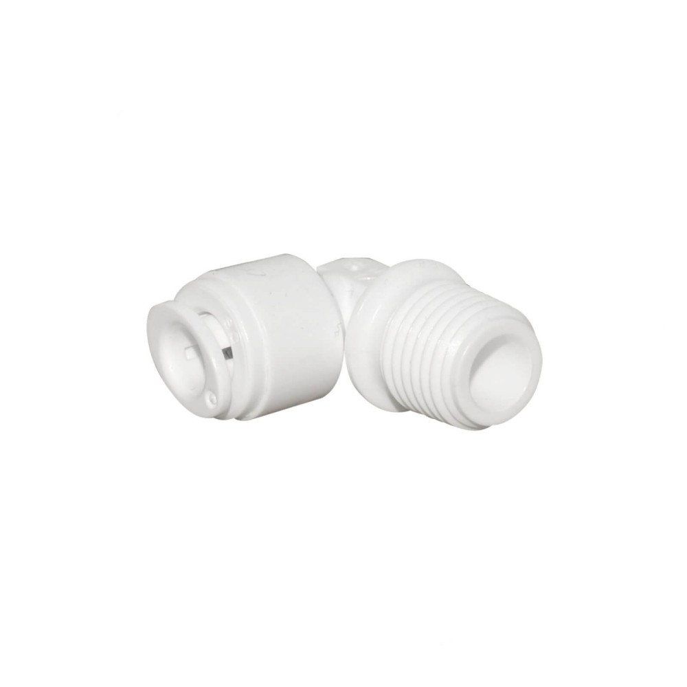 Conector curbat, 5/16″ furtun (8 mm) x 3/8″ filet exterior, cuplare cu mufa rapida pentru tub 8 mm