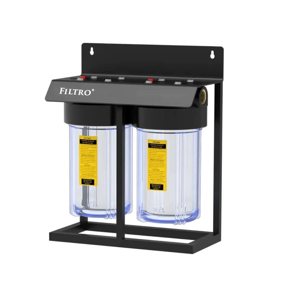 Set 2 carcase transparente, BIG CLEAR 10" TWIN, conexiune 1" din alama, cheie, supapa presiune si cadru metalic