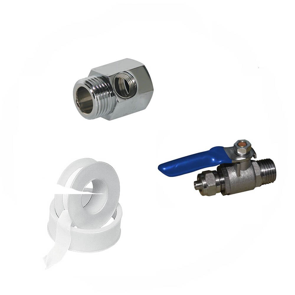 Kit alimentare filtru, format din robinet metalic 1/4", T cromat de 1/2" si banda de teflon, pentru sisteme de filtrare cu furtun flexibil de 1/4"