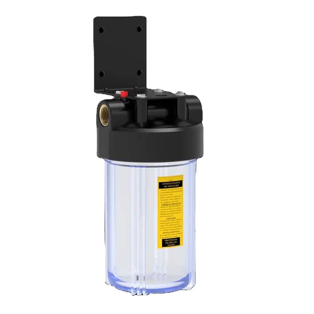 Carcasa transparenta, BIG CLEAR 10", conexiune 1" din alama, cheie strangere, supapa presiune si suport metalic