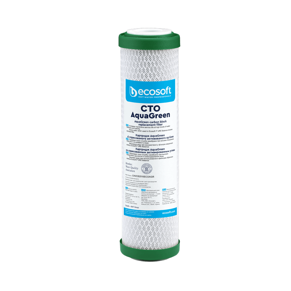 Cartus din carbune activat bloc, FILTRO AquaGreen CTO, din coaja de nuca de cocos, cu granule pentru protectie anticalcar, 10"x2.5"